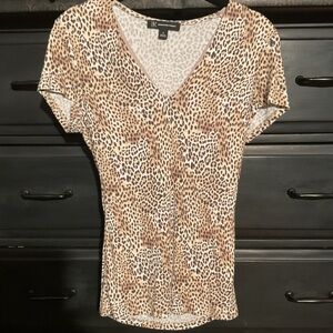 INC Cream Tan Leopard Fitted Cap Sleeve Blouse